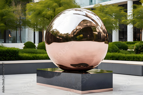 A large, copper sphere sculpture rests on a black pedestal in a courtyard setting. The highly polished copper surface reflects the surrounding light and creates a warm, glowing effect.  