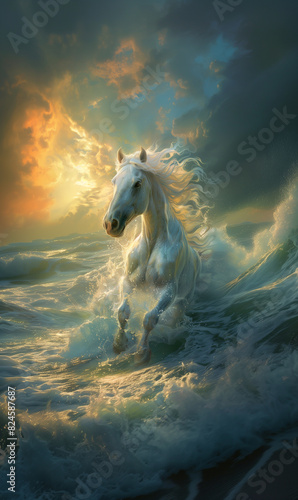 there is a white horse running through the water on a cloudy day