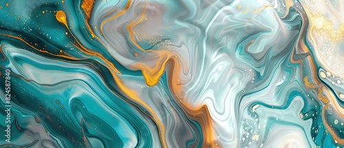 A fluid art-inspired background with swirling motions of turquoise, gold, and white. The colors blend and separate in a hypnotic dance. photo