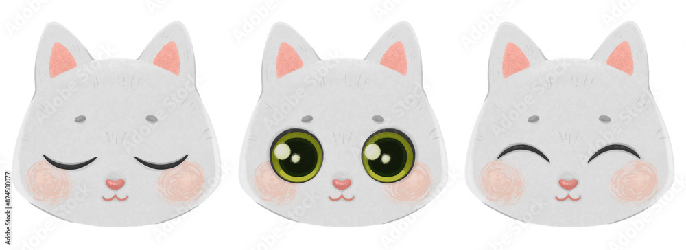 White Cat Head. Set of cute kitten portrait. Character emotions, frames for animation. White Cat Head. Set of cute kitten portrait. Character emotions, frames for animation.