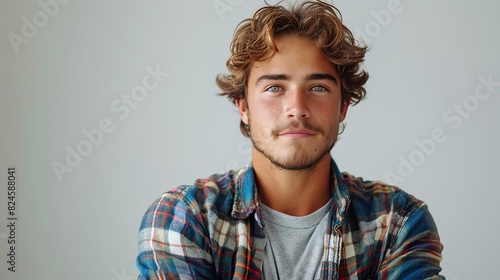 young man with crossed arms against a white background stock photo photo
