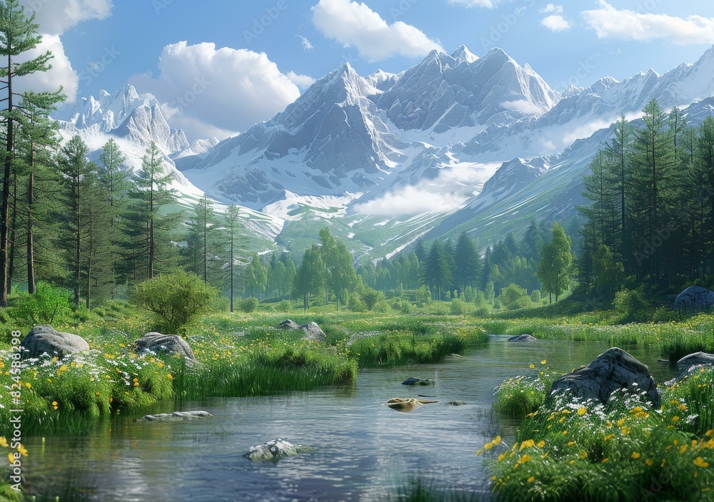Majestic Mountain Landscape with River and Wildflowers
