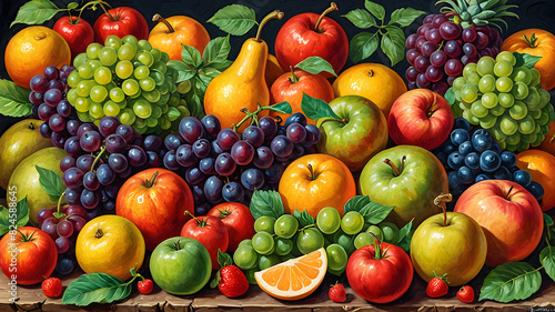 still life of ripe fruits on the table.fruit background painted in oil