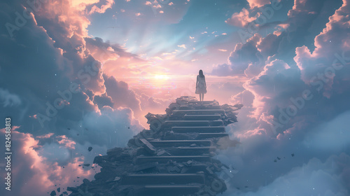 there is a man standing on a stairway leading to a sky photo