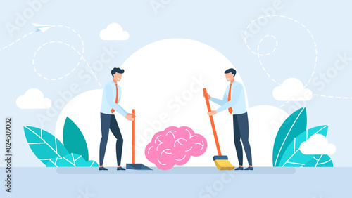 The human brain gets rid of bad thoughts. Two men sweep the brain into a scoop. Clean mind. Suitable for business, web, health, and cleaning. Vector illustration