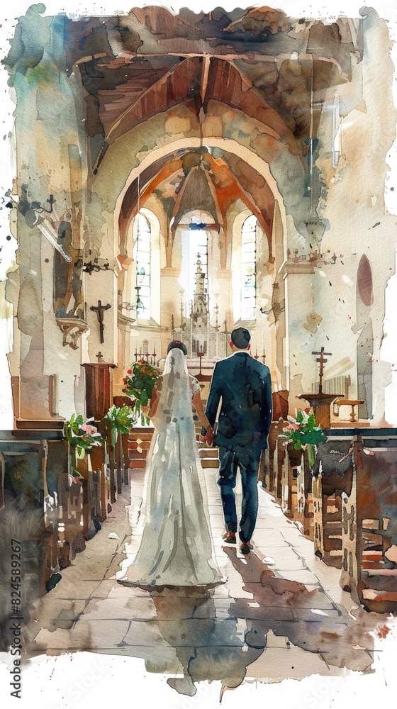 The newlywed couple entering the church