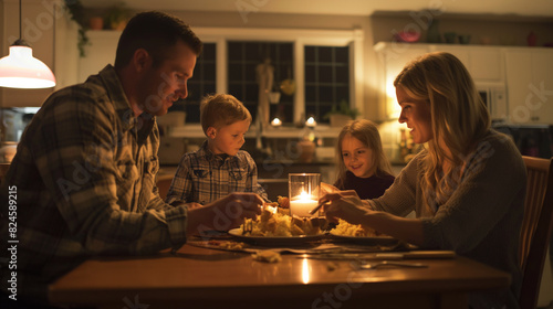 there is a man and woman and two children sitting at a table with a candle