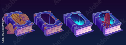 Magic wizard book with door and hole. Cartoon vector spooky witch literature. Mystery witchcraft handbook with paper pages and gap in hardcover to dungeon with glow smoke and monster or dragon paw.