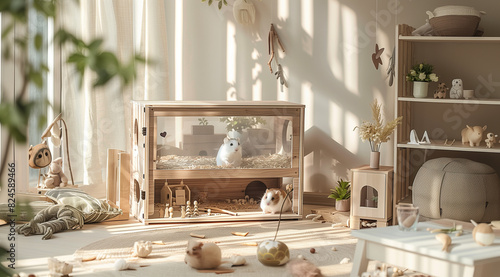 there is a small white dog sitting in a small wooden box photo