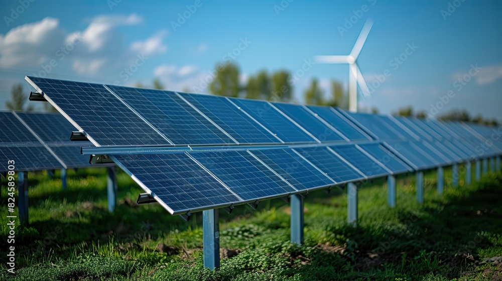solar energy panel photovoltaic cell and wind turbine farm power generator in nature landscape for production of renewable green energy is friendly industry stock photo