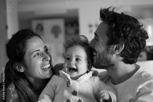 Lifestyle Family Portrait: Happy Parents with Kid Having Fun at Home