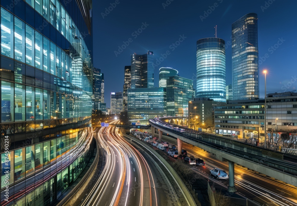 A view over the highway, in front of which there is an office building with glass walls and tall skyscrapers with lights on inside