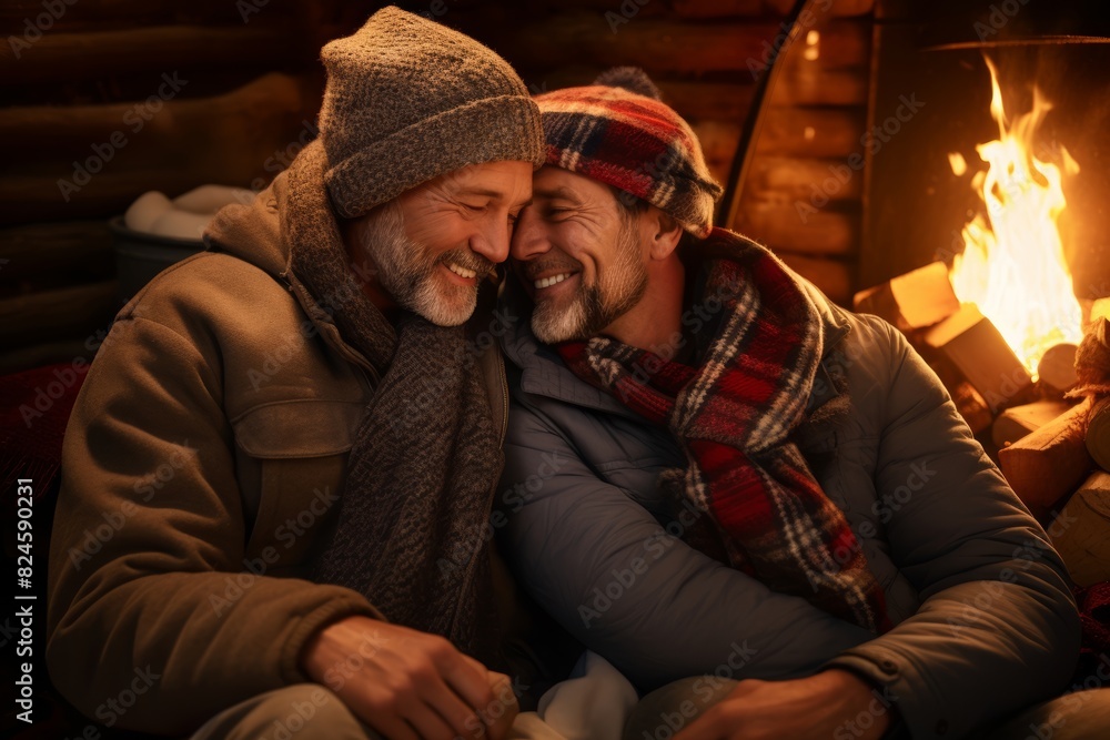 A middle-aged gay couple snuggles up by the fire, wrapped in cozy blankets as they exchange gifts and share stories on Christmas Eve, surrounded by the warmth of their love A middle-aged gay couple snuggles up by the fire, wrapped in cozy blankets as they exchange gifts and share stories on Christmas Eve, surrounded by the warmth of their love