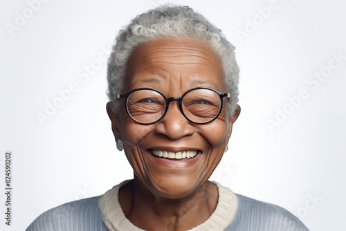 Smiling senior black woman on white background. Topics related to old age. Afro american. Africa. Retirement home. Retirement. Image for Graphic Designer. Senior residence. AI.