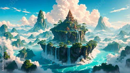 Magical oriental floating sky kingdom, Chinese palaces on top of a tropical mountain, waterfalls, clouds, jungle, high detail, fantasy illustration, epic scenery photo