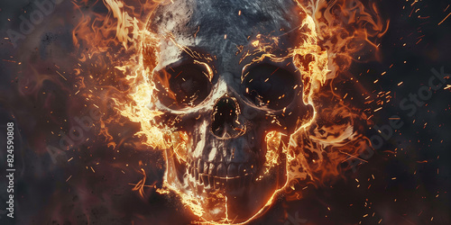flames are spewing from a burning skull in the dark photo