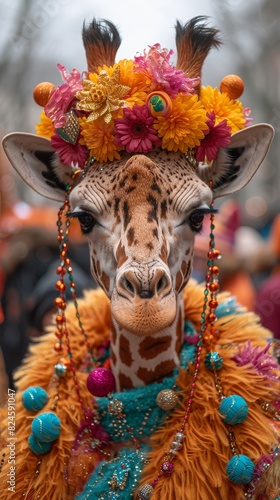A giraffe poses wearing a vibrant headdress adorned with colorful feathers in a festive display