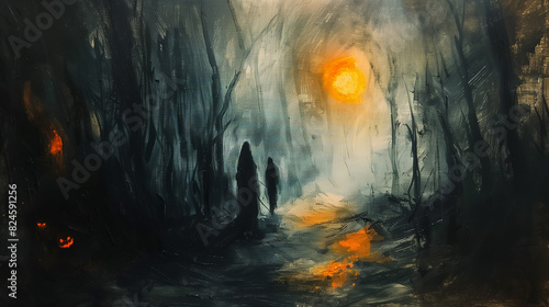 painting of two people walking in a dark forest with a bright sun