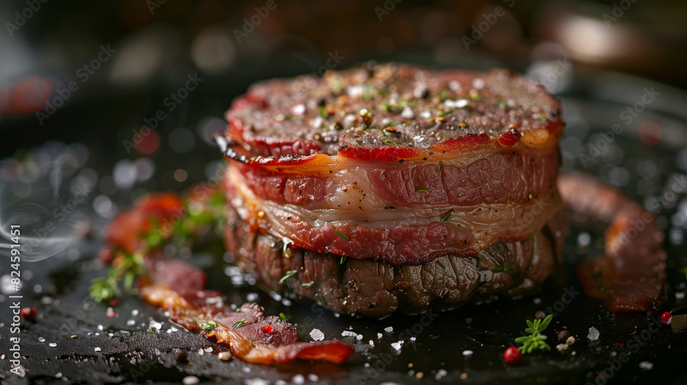 A side view of beef filet mignon, wrapped in bacon and seasoned with salt and pepper