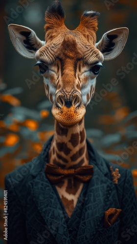 A giraffe dressed in a formal tuxedo with a bow tie, attending a gala event and looking dapper © Nino Lavrenkova