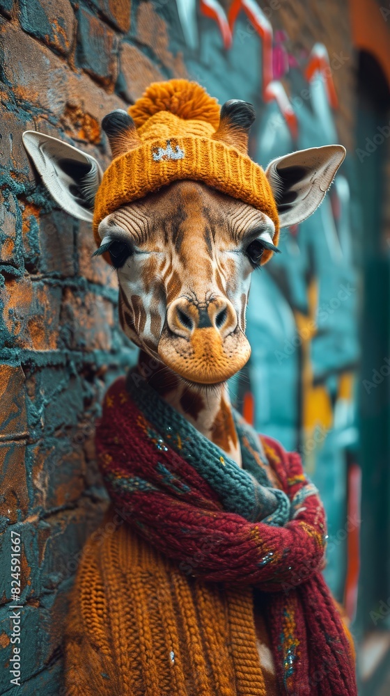 A giraffe with a yellow hat and scarf