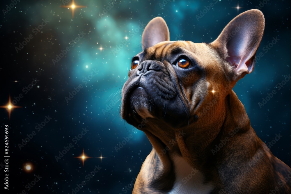 Shot of a French Bulldog gazing at the stars, excited and hopeful for all its dreams to come true in the coming year