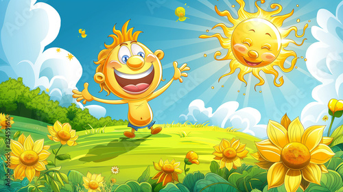 cartoon sun and sunflowers in a sunny day with a happy face