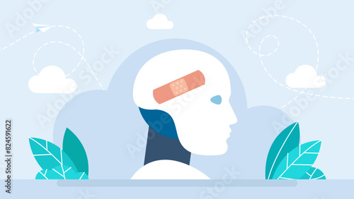 A medical patch is stuck on the robot's head. Sad broken robot with warning symbol. Program bug, technical mistake, critical failure, online connection error, server problems. Vector illustration