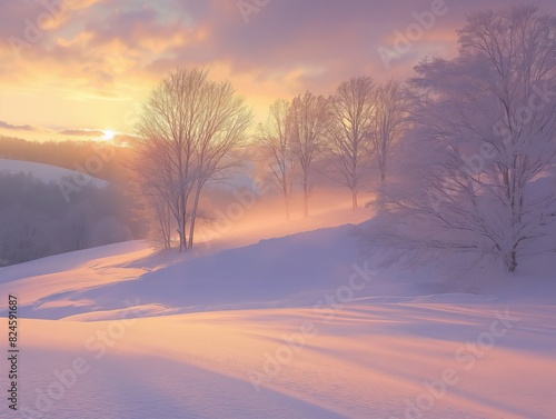 A tranquil winter sunrise illuminates a snow-covered landscape with soft pastel hues, creating a peaceful and serene atmosphere.