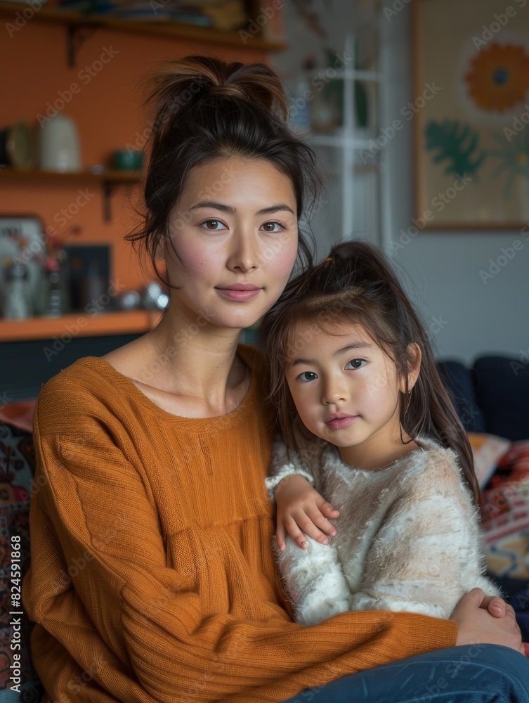 Photograph of an Asian single mother in her late 20s, sharing a moment with her daughter. She's dressed in comfortable yet stylish clothes, capturing a warm, familial atmosphere in an urban setting Photograph of an Asian single mother in her late 20s, sharing a moment with her daughter. She's dressed in comfortable yet stylish clothes, capturing a warm, familial atmosphere in an urban setting