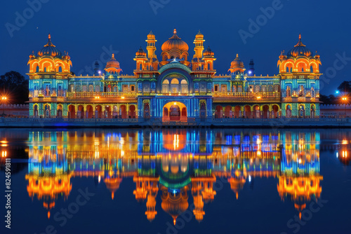 Mysore Palace in India illuminated at night with its vibrant colors and ornate architecture