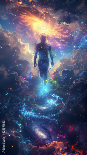 arafed man standing in the middle of a galaxy with a bright light coming from his body