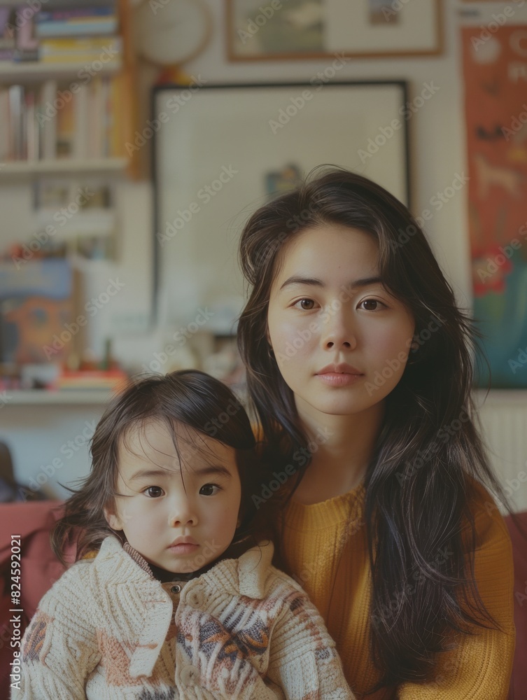 Photograph of an Asian single mother in her late 20s, sharing a moment with her daughter. She's dressed in comfortable yet stylish clothes, capturing a warm, familial atmosphere in an urban setting Photograph of an Asian single mother in her late 20s, sharing a moment with her daughter. She's dressed in comfortable yet stylish clothes, capturing a warm, familial atmosphere in an urban setting