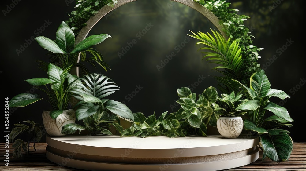 podium product stand or display with leaf, green background and cinematic light podium product stand or display with leaf, green background and cinematic light