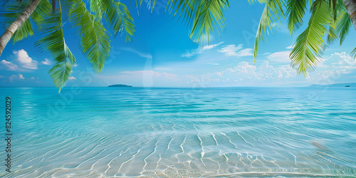 there is a view of a beach with palm trees and clear water