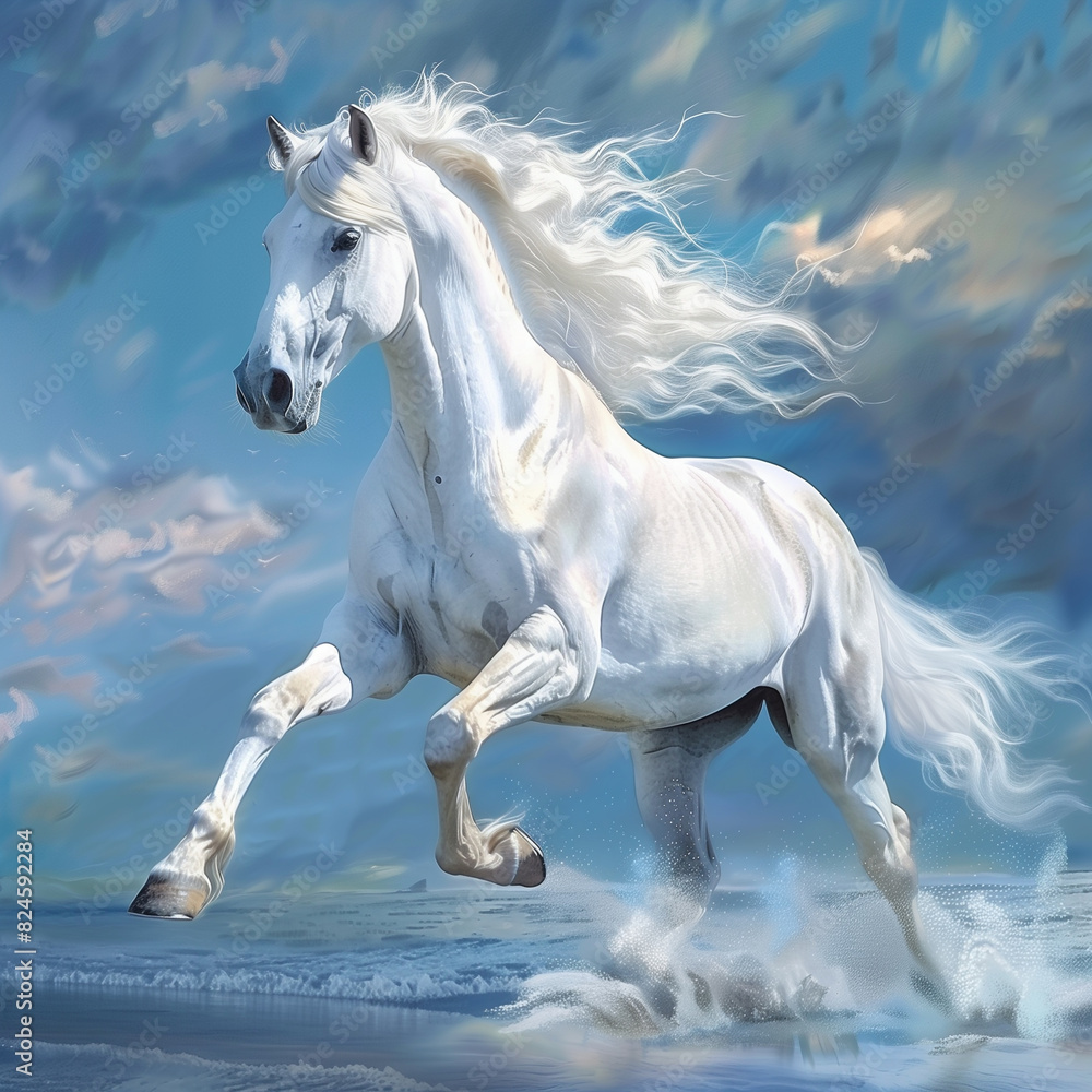 painting of a white horse running on the beach in the ocean