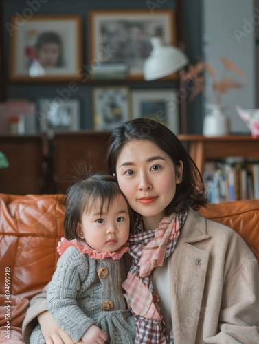 Photograph of an Asian single mother in her late 20s, sharing a moment with her daughter. She's dressed in comfortable yet stylish clothes, capturing a warm, familial atmosphere in an urban setting