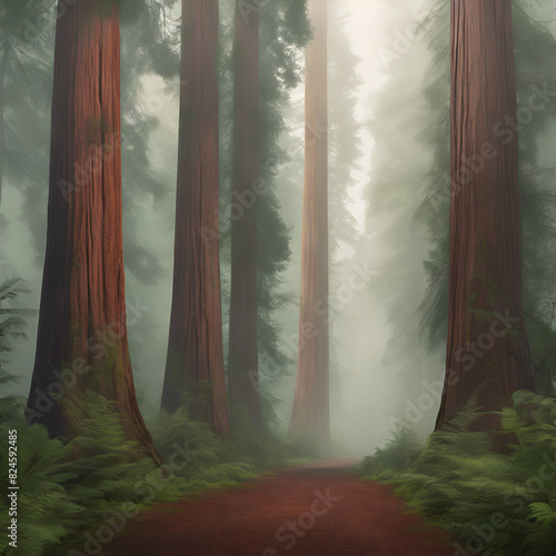 Giant redwoods in a misty forest photo