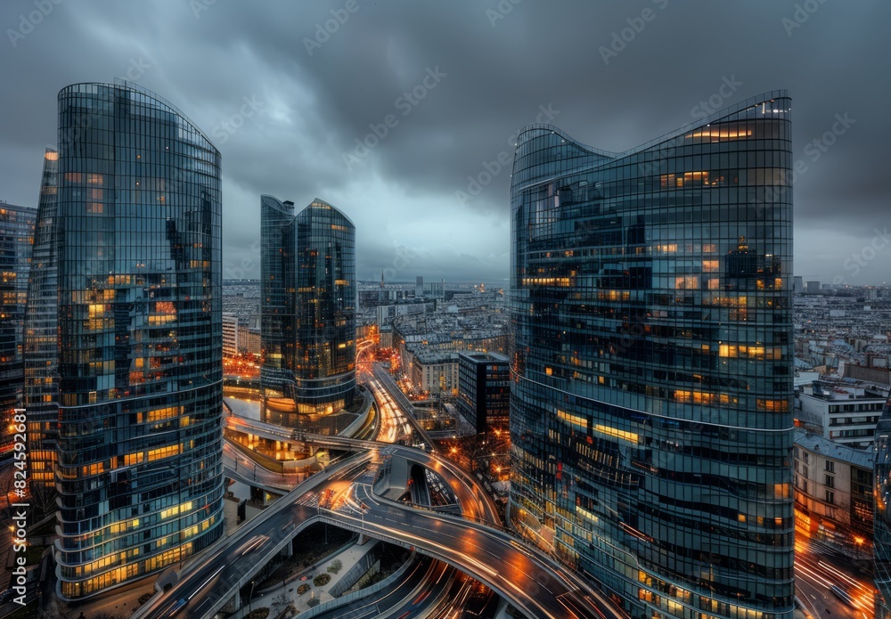 Obraz premium Business district in Paris, glass skyscrapers, curved modern architecture buildings with lights on inside, road crossing through the city and bridges for cars to cross over