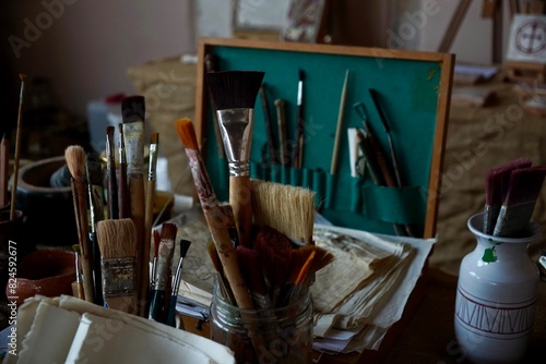 Artist's workshop. Brushes, papers, sketches lying on the table.