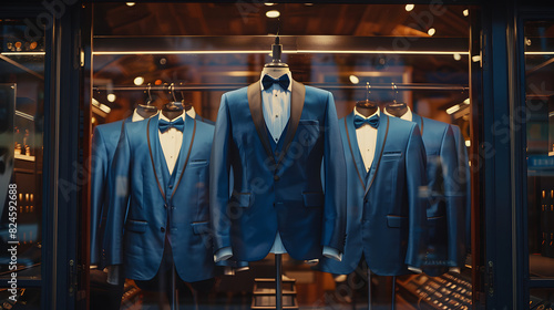 Men elegant clothing displayed on luxury showroom.