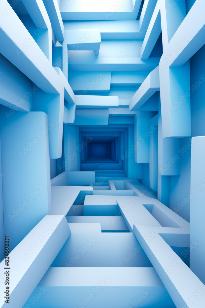 Fototapeta premium Very long narrow room with lot of blue walls.