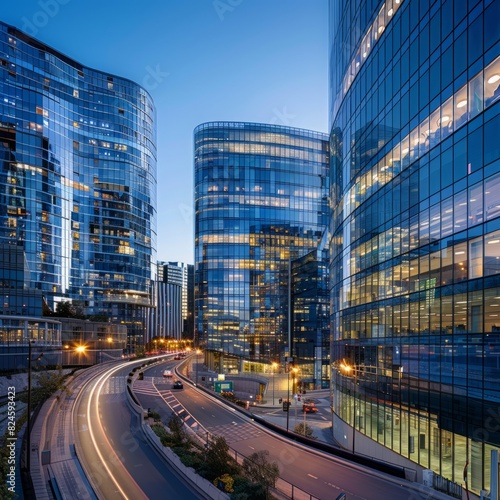 Modern buildings. Glass building with lights on, curved road leading to the city center, busy street with cars