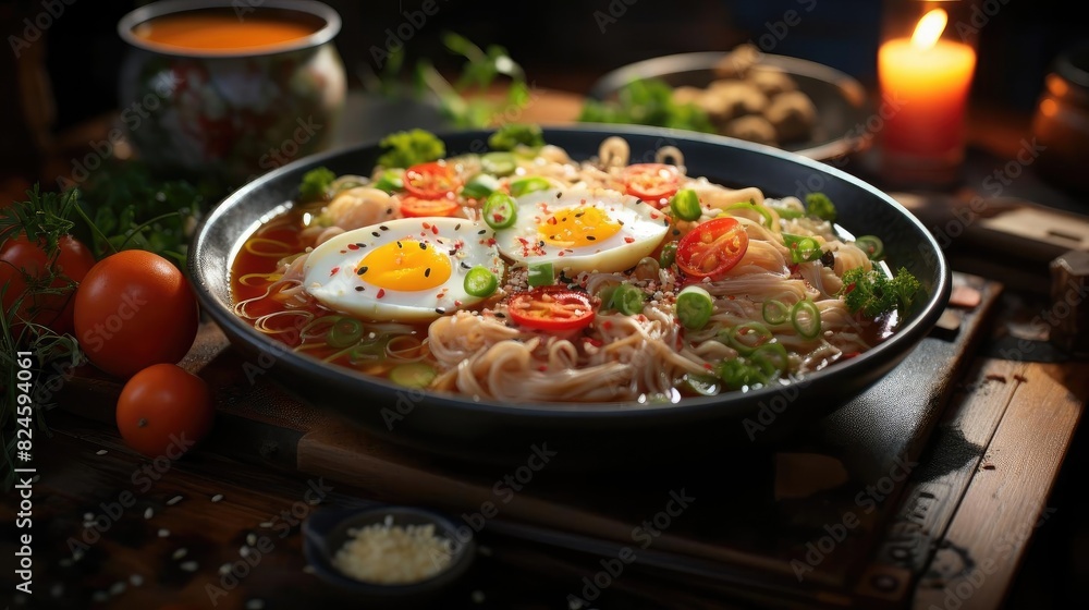Delicious ramen noodles with egg topping on top, blur background Delicious ramen noodles with egg topping on top, blur background