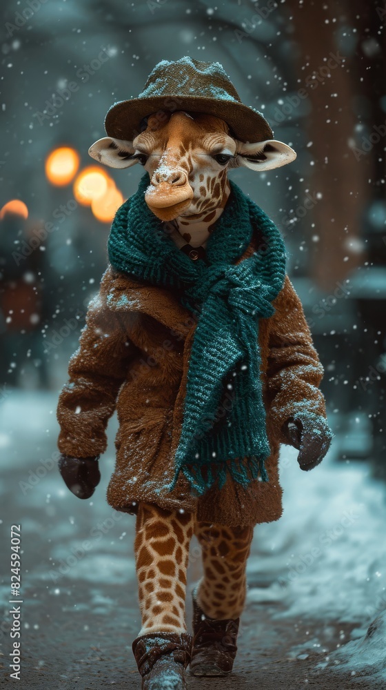 An anthropomorphic giraffe dressed in a coat and hat, walking through snow-covered ground on a winter day