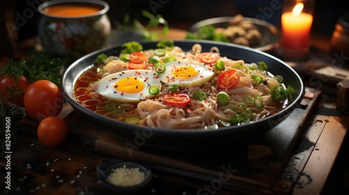Delicious ramen noodles with egg topping on top  blur background