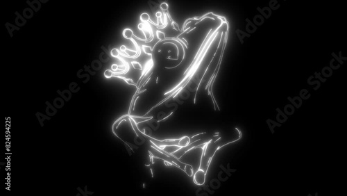 white silhouette of frog prince with a crown isolated on black background photo