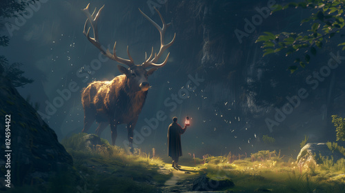 there is a man standing in front of a deer with a light in his hand photo