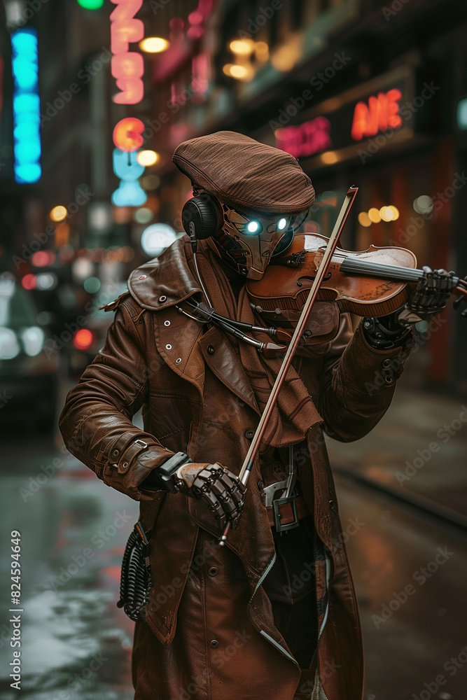 arafed man in a leather coat playing a violin on a city street