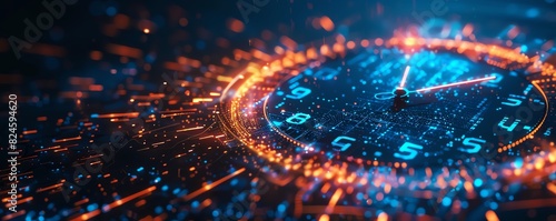 High-tech futuristic clock with glowing neon lights and digital elements, representing the concept of modern timekeeping and technology.